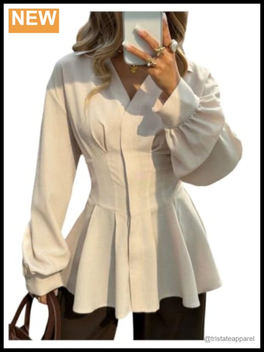 Women's Peplum Blouse Long Sleeve V-Neck Ruffle Hem Shirred Back Work Top
